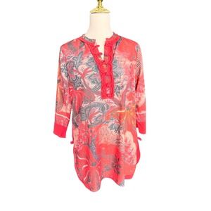 Soft Surroundings Red Floral Butterfly Tunic Top Frog Closure Womens Small 31281